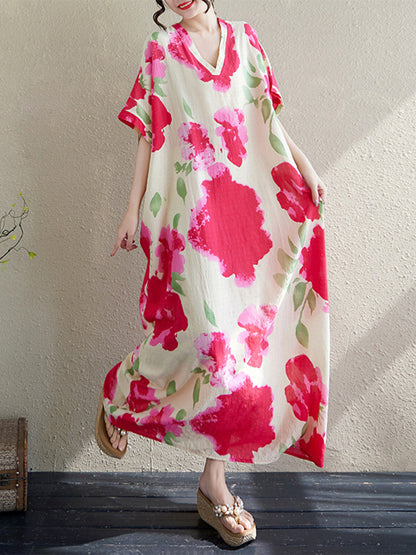XITAO Contrast Color V-neck Pullover Dress Ankle-Length Loose Short Sleeve Casual Summer Temperament All Match Dress ZMY1087