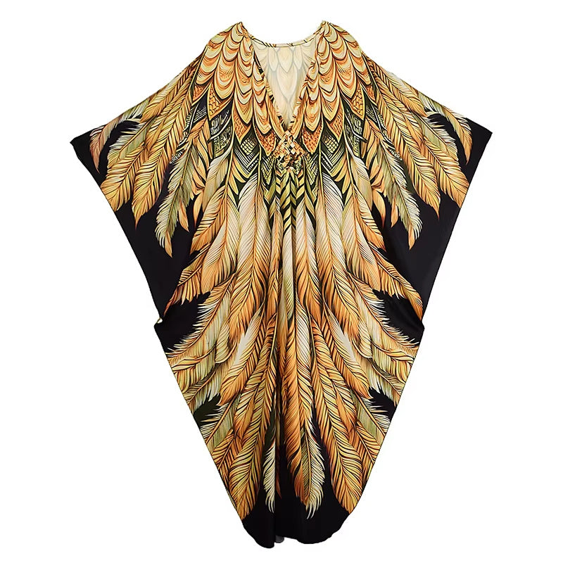XITAO V-neck Side Slit A-line Dress Bat Wing Sleeve Loose Print Slimming All-match Pullover Elegant Summer Woman Dress GJ1199