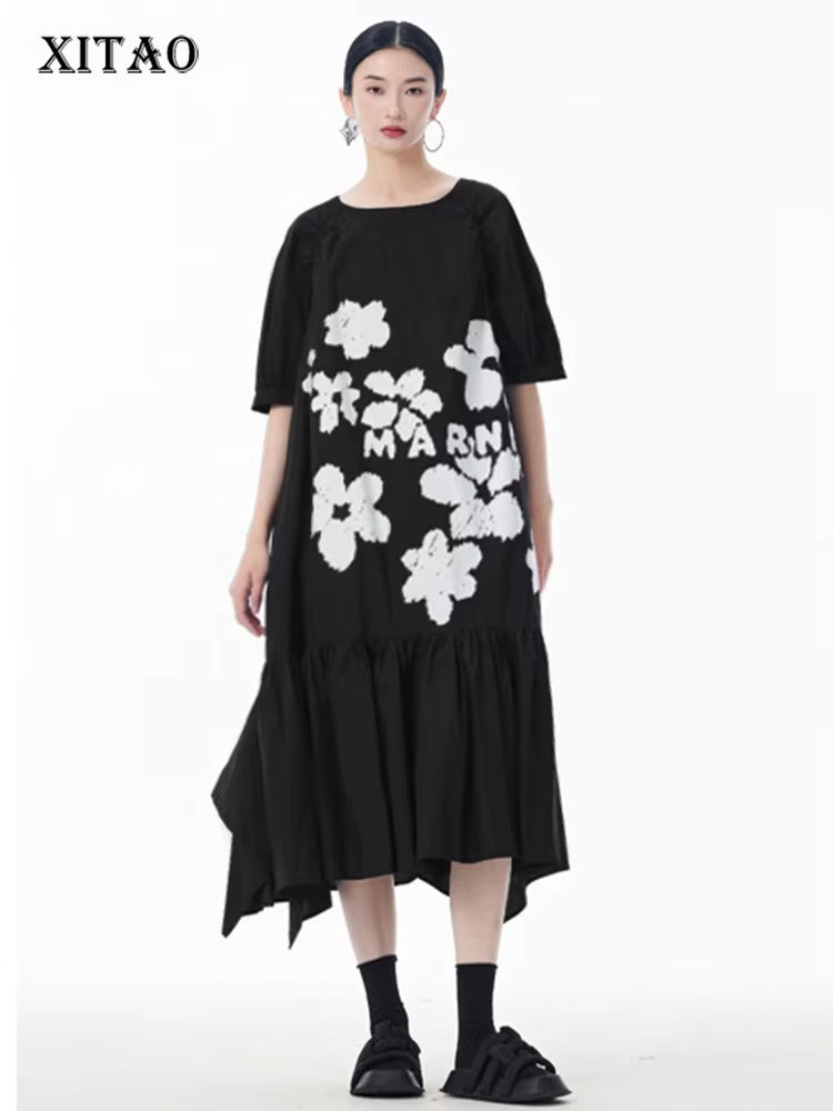 XITAO Ruffles Flower A-line Dress Puff Sleeve Casual Loose Fitting Vintage New Chinese Style Slimming Summer Women Dress ZY8933