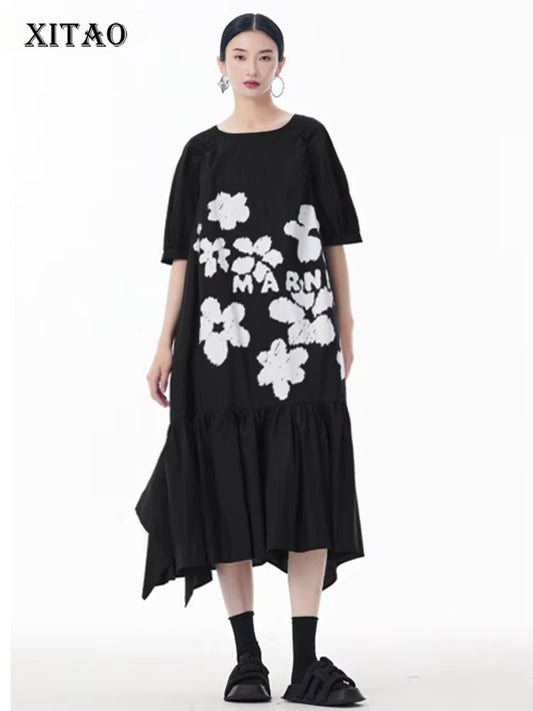 XITAO Ruffles Flower A-line Dress Puff Sleeve Casual Loose Fitting Vintage New Chinese Style Slimming Summer Women Dress ZY8933