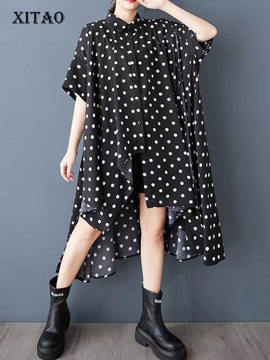 XITAO Polka Dot Irregular Lapel Dress Casual Loose Fitting Turn-down Collar Fashion European Style Summer Women Dress GYX1544