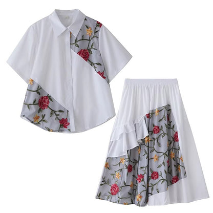 XITAO Asymmetrical Gauze Flower Sets Patchwork Embroidery Turn-down Collar Short Sleeve Loose Elegant Two-piece Sets HQQ2503