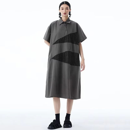 XITAO A-line Short Sleeve Loose Dress Slimming Temperament Patchwork Turn-down Collar Fashion Vintage Summer Woman Dress HQQ2511