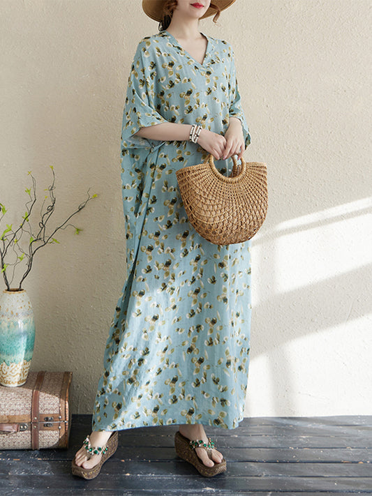 XITAO Vacation Style Loose V-neck Dress Print Pullover Batwing Sleeve Vintage Slimming Ankle-Length All Match Dress  ZMY1002