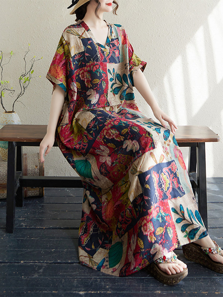XITAO Print V-neck Dress Casual A-line Loose Fitting Batwing Sleeve Comfortable Summer Women Dress ZMY1112