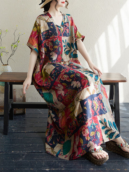 XITAO Print V-neck Dress Casual A-line Loose Fitting Batwing Sleeve Comfortable Summer Women Dress ZMY1112