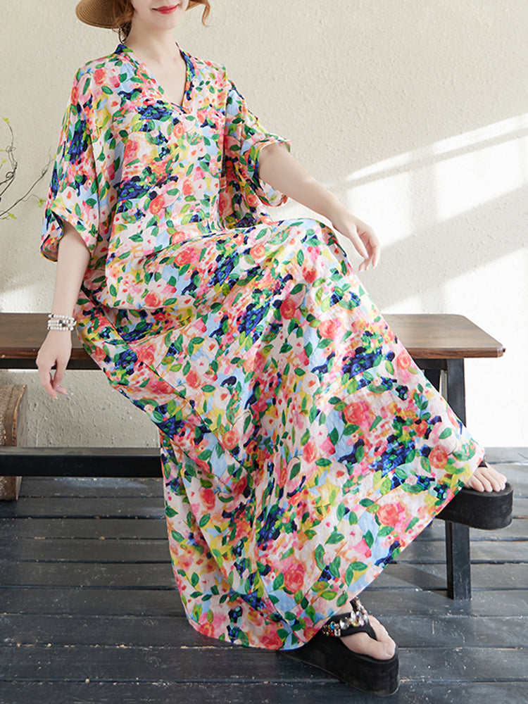XITAO Vintage Print Loose Batwing Sleeve Dress Pullover Loose V-neck All Match Vacation Style Ankle-Length Dress ZMY1003
