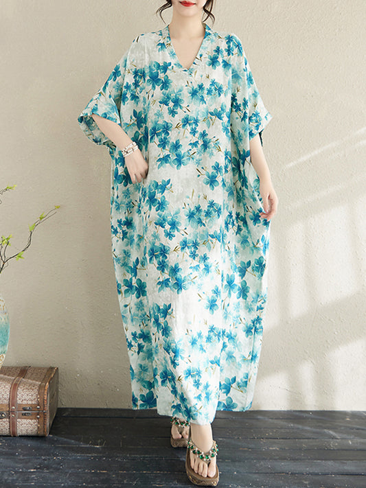 XITAO Flower V-neck Print Dress A-line Half Sleeve Elegant Long Style Leisure Cute Symmetry Summer Dress ZMY1005