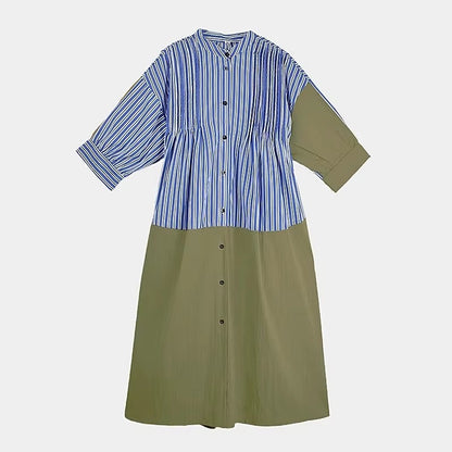 XITAO Loose Stripe Patchwork Female Dress Casual A-line Stand Collar Women Summer Temperament Single Breasted Dress ZMY1390