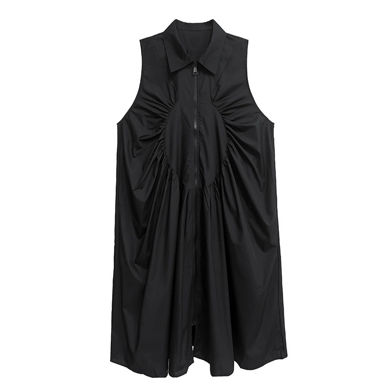 XITAO Fold Zipper Sleeveless Turn-down Collar Dress Solid Color Patchwork Pocket Loose Casual Slimming All Match Dress HQQ2445