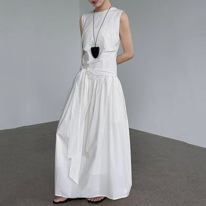 XITAO Drawstring Pleated Loose Dress O-neck Temperament Sleeveless Solid Color Simple Slim All-match Summer Woman Dress ZMY1289
