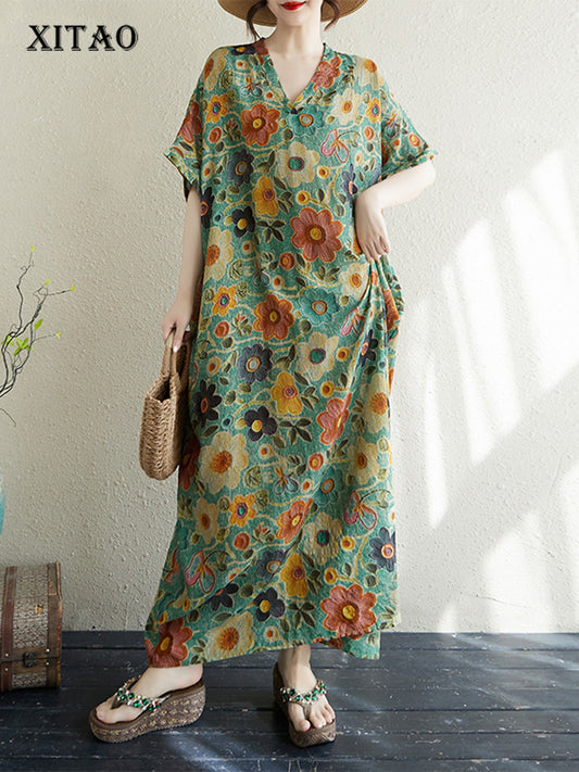 XITAO Print Casual V-neck Dress Loose Fitting A-line Slimming Half Sleeve Sweet Goddess Fan Summer Female Dress ZMY1109