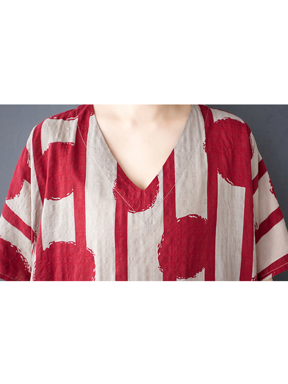 XITAO Dot Print Striped Contrast Color Dress V-neck Pullover Short Sleeve Ankle-Length Loose Casual Slimming Dress ZMY1086