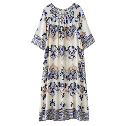 XITAO Print Half Sleeve Dress Casual A-line O-neck Simple Pullover Ethnic Style Personality Loose Fitting Women Dress ZMY1097