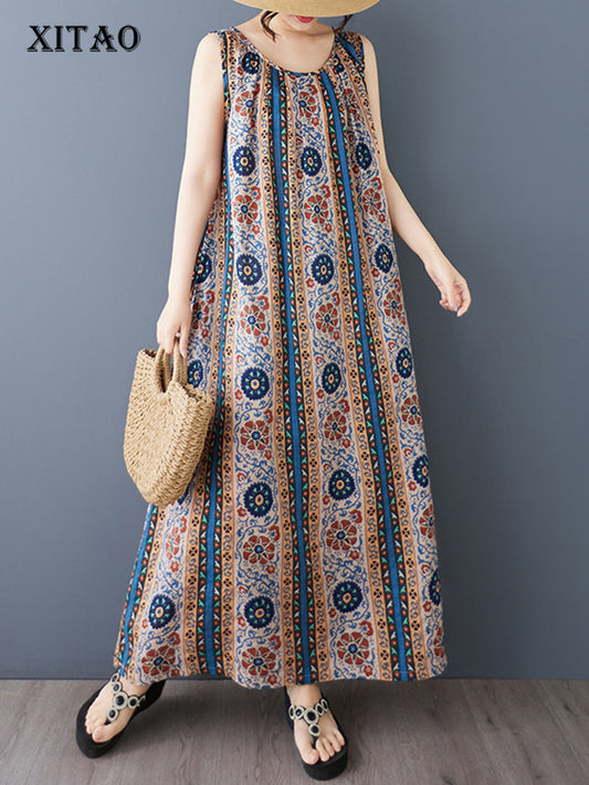 XITAO Print O-neck Dress Contrast Color Sleeveless Casual Loose Fitting Personality Pullover Simple Popular Female Dress ZMY1091