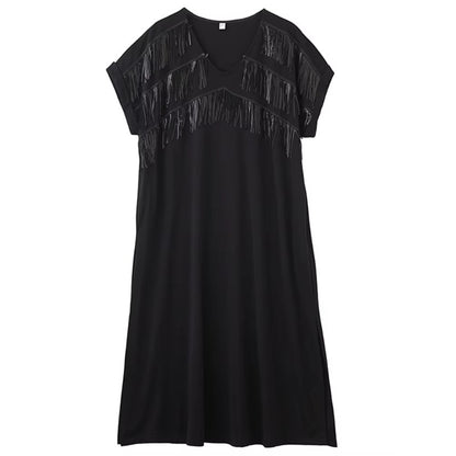XITAO Tassel Patchwork V-neck Pullover Dress Solid Color Short Sleeve Pocket Side Split Temperament Slimming Women Dress ZMY1350
