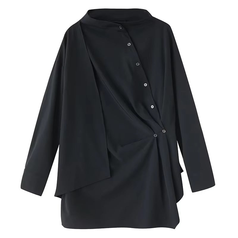 XITAO Single Breasted Half High Collar Shirt Asymmetrical Patchwork Solid Color Long Sleeve Folds Pullover Loose Tops HQQ2500