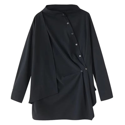XITAO Single Breasted Half High Collar Shirt Asymmetrical Patchwork Solid Color Long Sleeve Folds Pullover Loose Tops HQQ2500