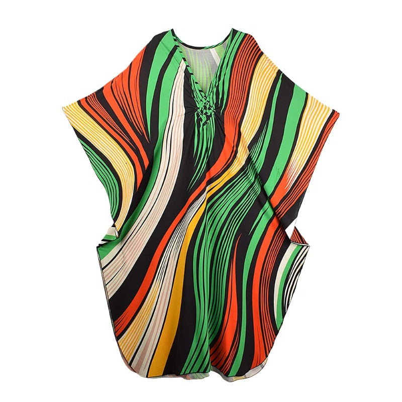 XITAO Contrast Color Striped Loose Dress V-neck Pullover Print Side Slit Casual Slimming Summer Simple Summer Woman Dress GJ1184