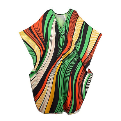 XITAO Contrast Color Striped Loose Dress V-neck Pullover Print Side Slit Casual Slimming Summer Simple Summer Woman Dress GJ1184