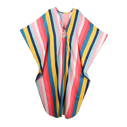 XITAO Contrast Color Striped A-line Dress Pullover Print V-neck Fashion Bat Wing Sleeve Summer Woman Ankle-length Dress GJ1177