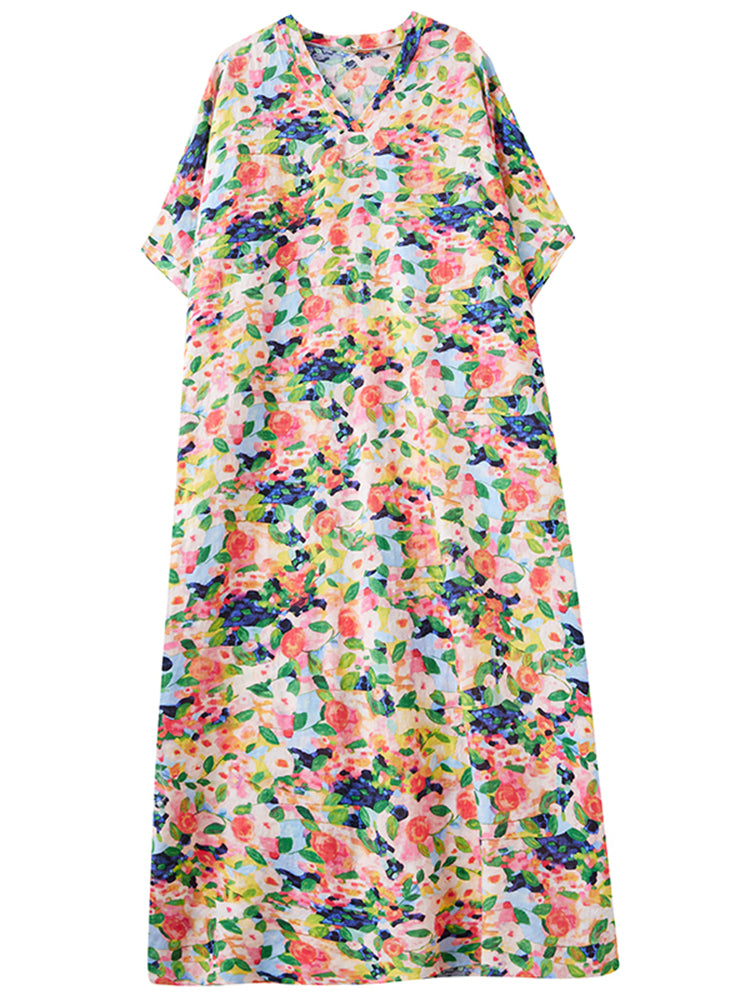 XITAO Vintage Print Loose Batwing Sleeve Dress Pullover Loose V-neck All Match Vacation Style Ankle-Length Dress ZMY1003