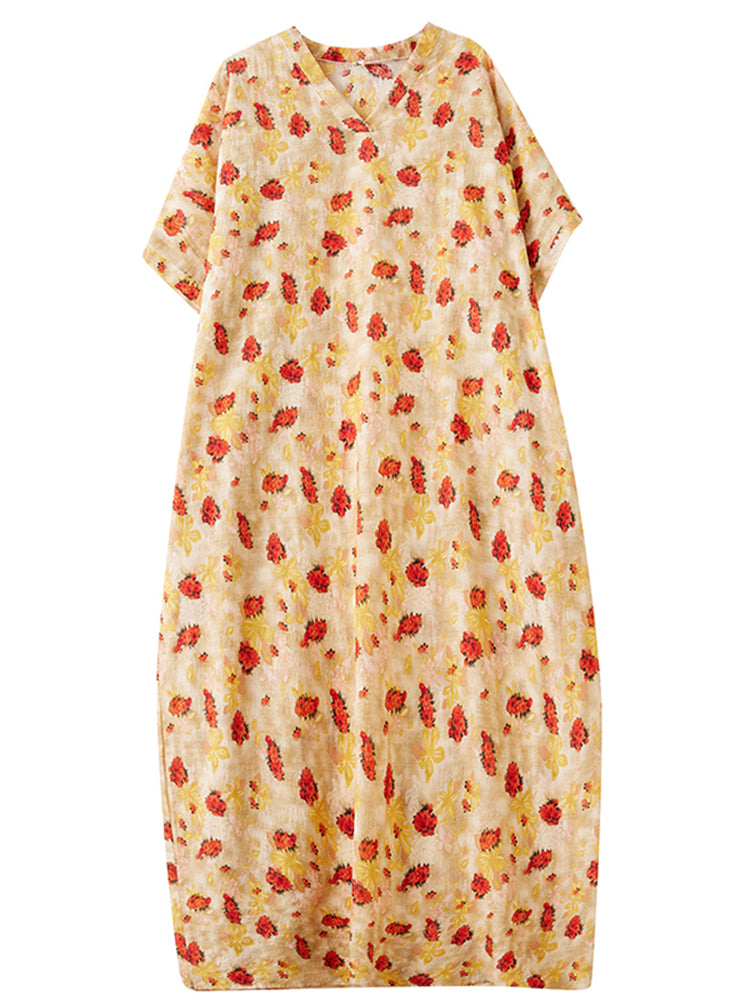 XITAO Pullover Print Vintage Batwing Sleeve Dress V-neck Loose Slimming Ankle-Length Vacation Style Travel All Match Dress ZMY1001