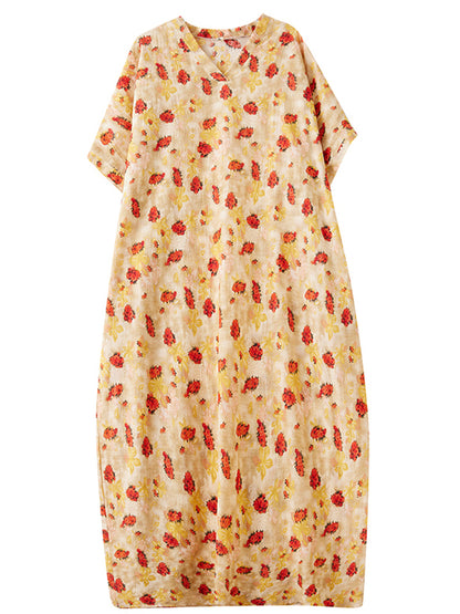 XITAO Pullover Print Vintage Batwing Sleeve Dress V-neck Loose Slimming Ankle-Length Vacation Style Travel All Match Dress ZMY1001