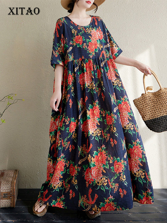 XITAO Pleated Print Flower Dress Half Sleeve A-line O-neck Casual Loose Fitting Sweet Simple All Match Women Dress ZMY1125