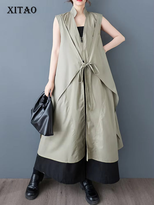 XITAO Zipper Patchwork V-neck Dress Casual Sleeveless Lace-up A-line New Arrival Sweet Simple Leisure Spring Women Dress ZY8937