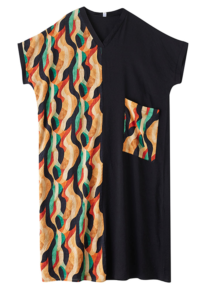 XITAO Print Patchwork Pocket Dress Short Sleeve Pullover Loose V-neck Casual Slimming Ankle-Length All Match Dress ZMY1085