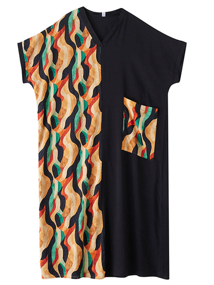 XITAO Print Patchwork Pocket Dress Short Sleeve Pullover Loose V-neck Casual Slimming Ankle-Length All Match Dress ZMY1085