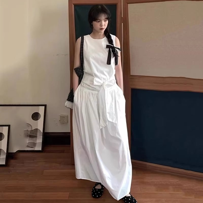 XITAO Solid Color Sleeveless Dress Drawstring Simple O-neck Loose Personality New Arrival Slimming Summer Woman Dress ZMY1400