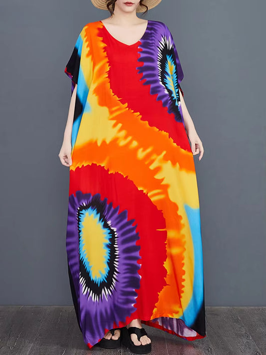 XITAO Female Print Batwing Sleeve Dress Casual Loose Fitting A-line Half Sleeve Simple V-neck Europe Summer Women Dress GYX1516