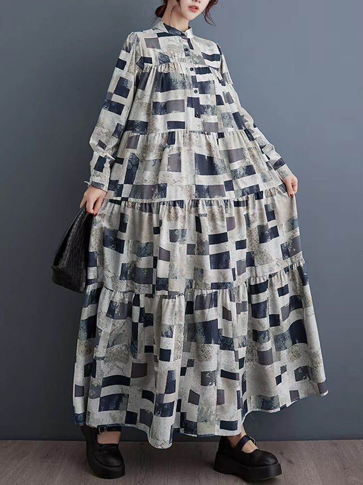XITAO Loose Print Casual Patchwork Dress Full Sleeve A-line Korean Temperament Women Stand Collar Single Breasted Dress ZYY1013