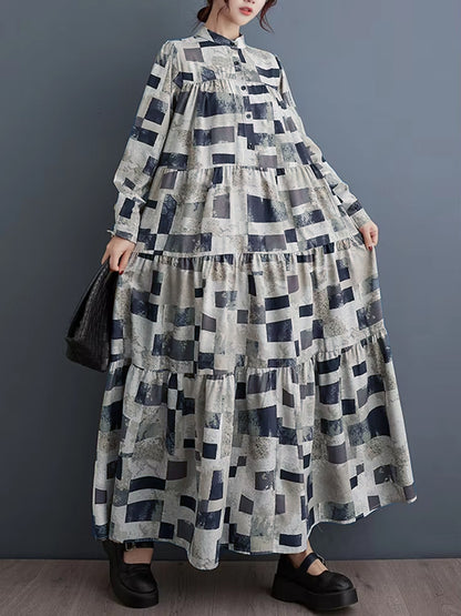XITAO Loose Print Casual Patchwork Dress Full Sleeve A-line Korean Temperament Women Stand Collar Single Breasted Dress ZYY1013