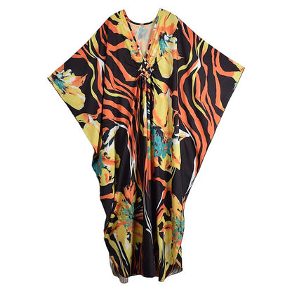 XITAO V-neck Print Loose Dress Bat Wing Sleeve Pullover Casual Full Sleeve Temperament Flower Trend Summer Woman Dress GJ1194