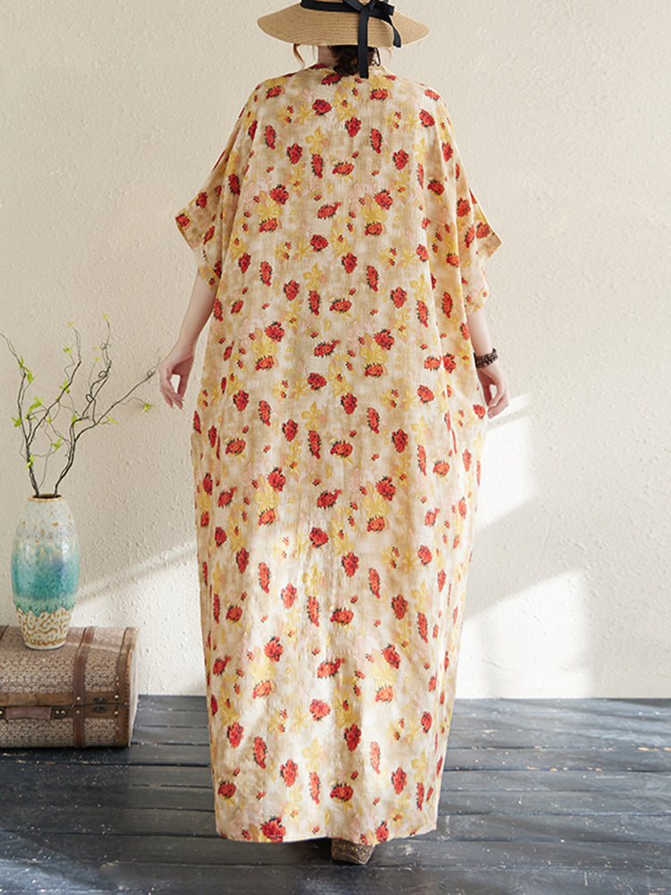 XITAO Pullover Print Vintage Batwing Sleeve Dress V-neck Loose Slimming Ankle-Length Vacation Style Travel All Match Dress ZMY1001