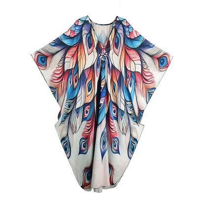 XITAO Bat Wing Sleeve Loose V-neck Dress Peacock Print Pullover Contrast Color Vintage Slimming Summer Woman Dress GJ1156