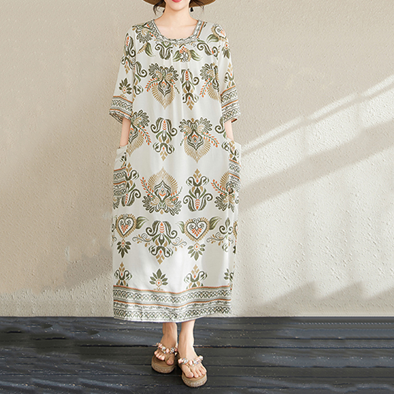 XITAO Print Half Sleeve Dress Casual A-line O-neck Simple Pullover Ethnic Style Personality Loose Fitting Women Dress ZMY1097