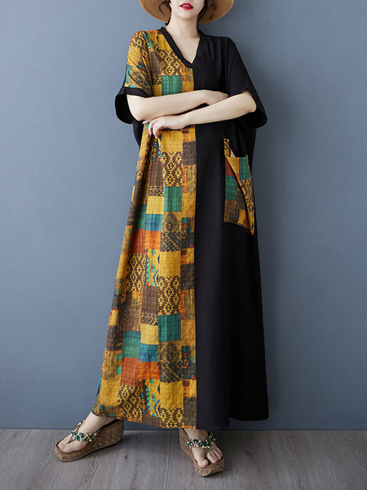 XITAO Pocket Patchwork Contrast Color Dress V-neck Pullover Short Sleeve Loose Slimming All Match Casual Dress ZMY1083