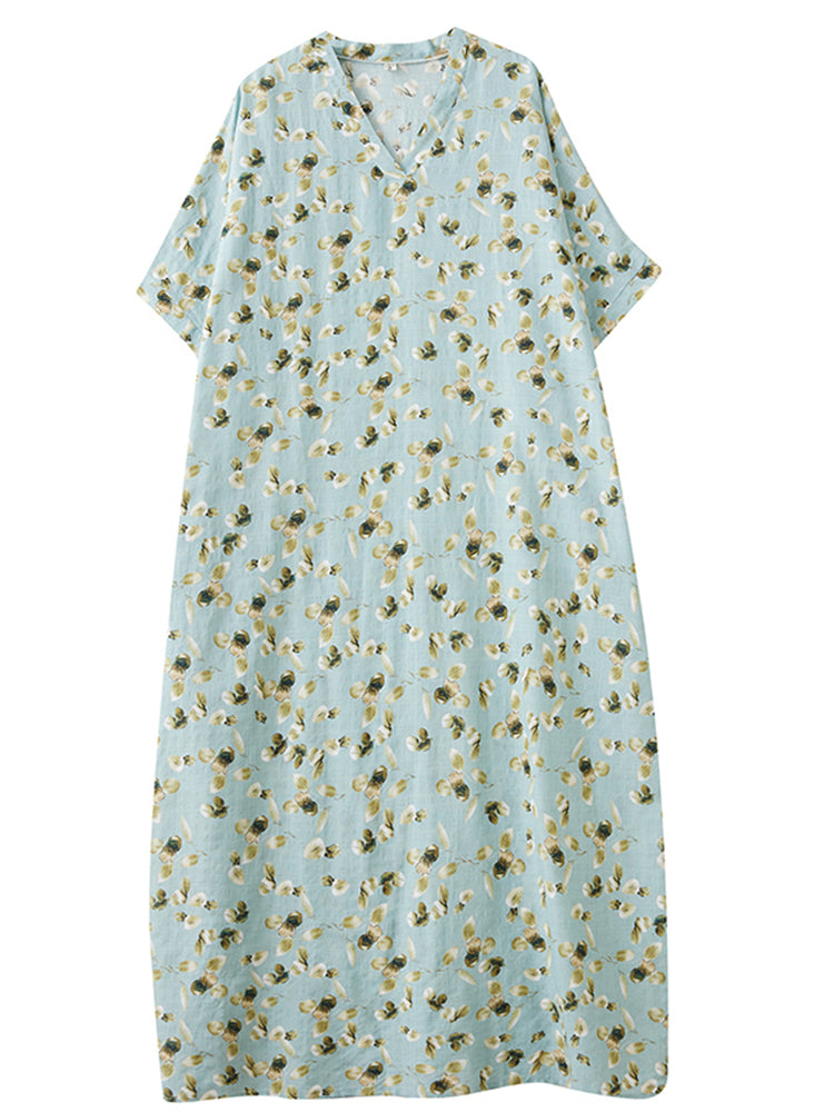 XITAO Vacation Style Loose V-neck Dress Print Pullover Batwing Sleeve Vintage Slimming Ankle-Length All Match Dress  ZMY1002