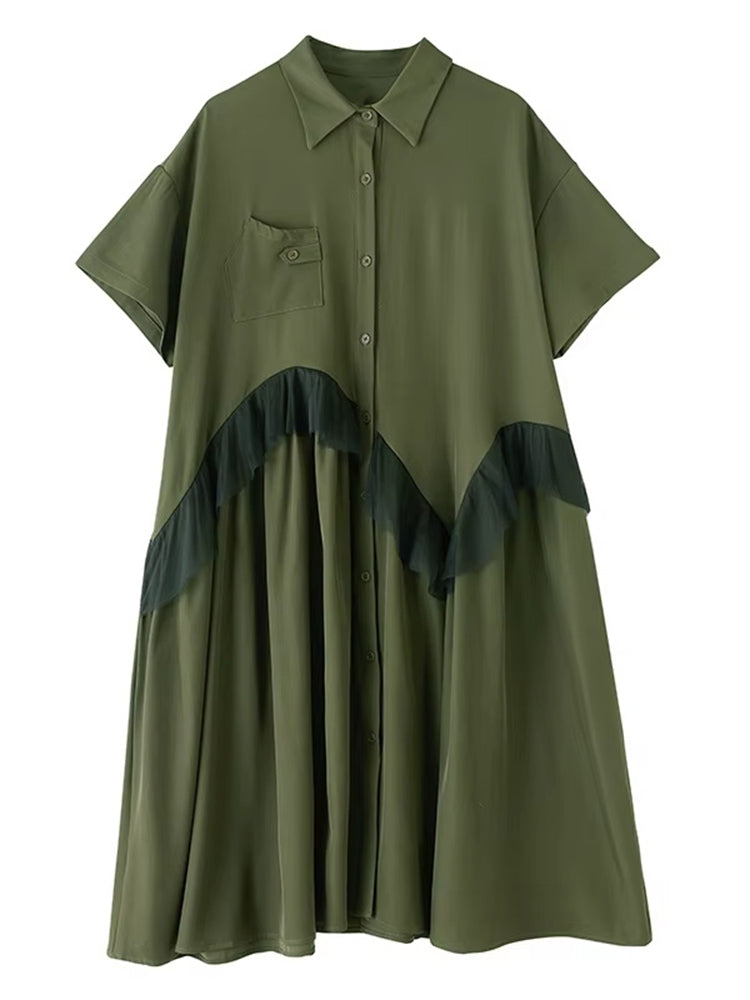 XITAO Single Breasted Mesh Patchwork Dress Turn-down Collar Casual Solid Color Short Sleeve A-line Summer Women Dress ZMY1198