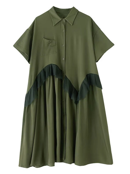 XITAO Single Breasted Mesh Patchwork Dress Turn-down Collar Casual Solid Color Short Sleeve A-line Summer Women Dress ZMY1198