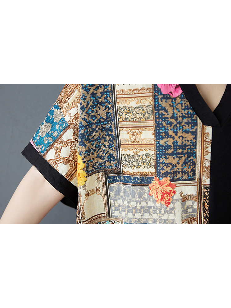 XITAO Asymmetrical Print Patchwork Pocket Dress V-neck Loose Fitting Half Sleeve A-line Summer Women Dress ZMY1117