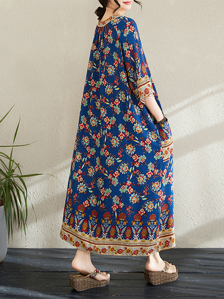 XITAO Flower Pleated Print O-neck Dress Casual Loose Fitting Ethnic Style Simple Pullover Summer Women Dress ZMY1098
