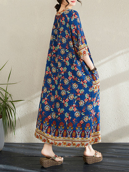 XITAO Flower Pleated Print O-neck Dress Casual Loose Fitting Ethnic Style Simple Pullover Summer Women Dress ZMY1098