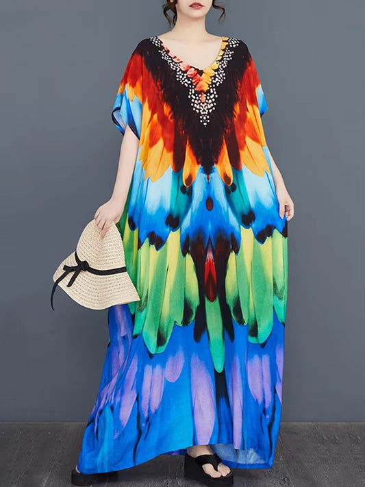 XITAO Print V-neck Batwing Sleeve Contrast Color Dress Pullover Loose Temperament Casual Slimming Personality Dress GYX1515
