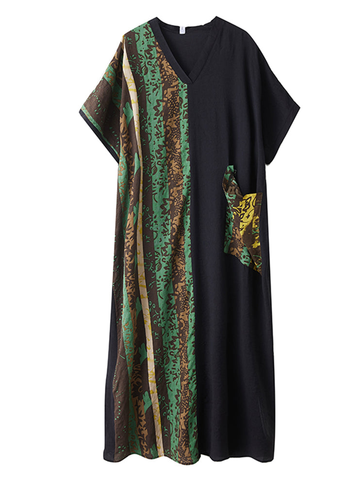 XITAO Contrast Color Patchwork Dress Casual Pocket Half Sleeve Loose V-neck Thin Summer Fitting Women Dress ZMY1014
