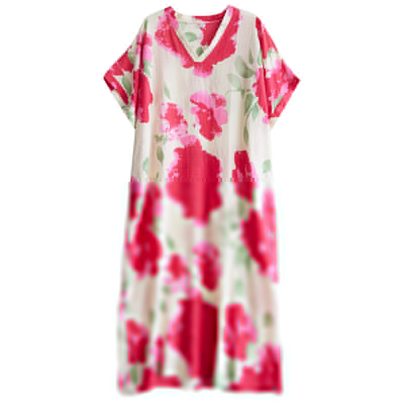 XITAO Contrast Color V-neck Pullover Dress Ankle-Length Loose Short Sleeve Casual Summer Temperament All Match Dress ZMY1087